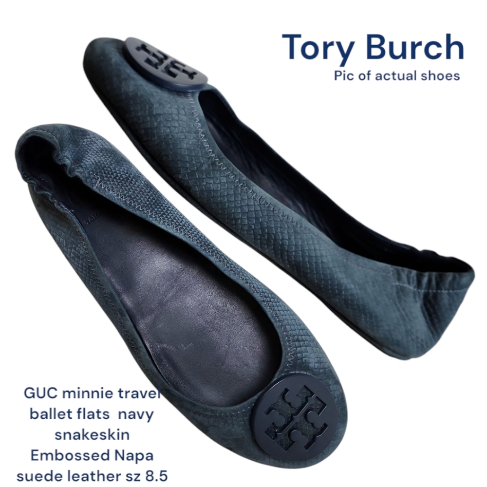 Tory Burch Navy Snakeskin-Embossed Minnie Travel Ballet Flats